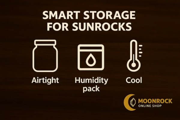 Smart Storage for hybrid strain infographic showing airtight jar, humidity pack, and thermometer icons with text ‘Keep Fresh: Airtight • Cool • Dark’, Moonrock Online Shop branding.