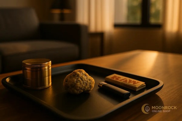 Premium lifestyle photo of a Sunrocks cannabis nug on a black rolling tray with grinder, lighter, and raw rolling papers. Golden hour light in a luxury living room, Moonrock Online Shop watermark in corner