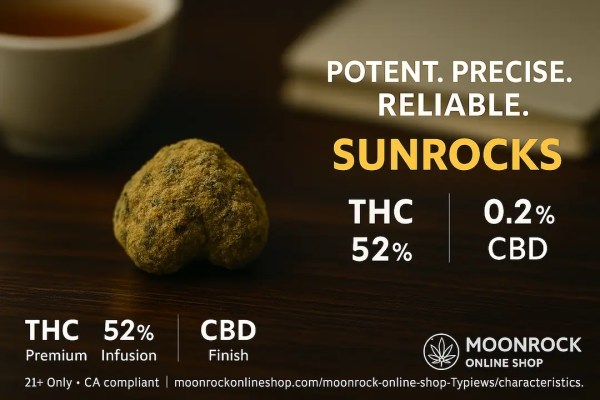 “Minimalist product shot of a Sunrocks cannabis nug on a dark wooden desk with THC and CBD breakdown overlay. Background shows a blurred wellness vibe with tea and notebook. Text overlay reads Potent, Precise, Reliable. Moonrock Online Shop branding