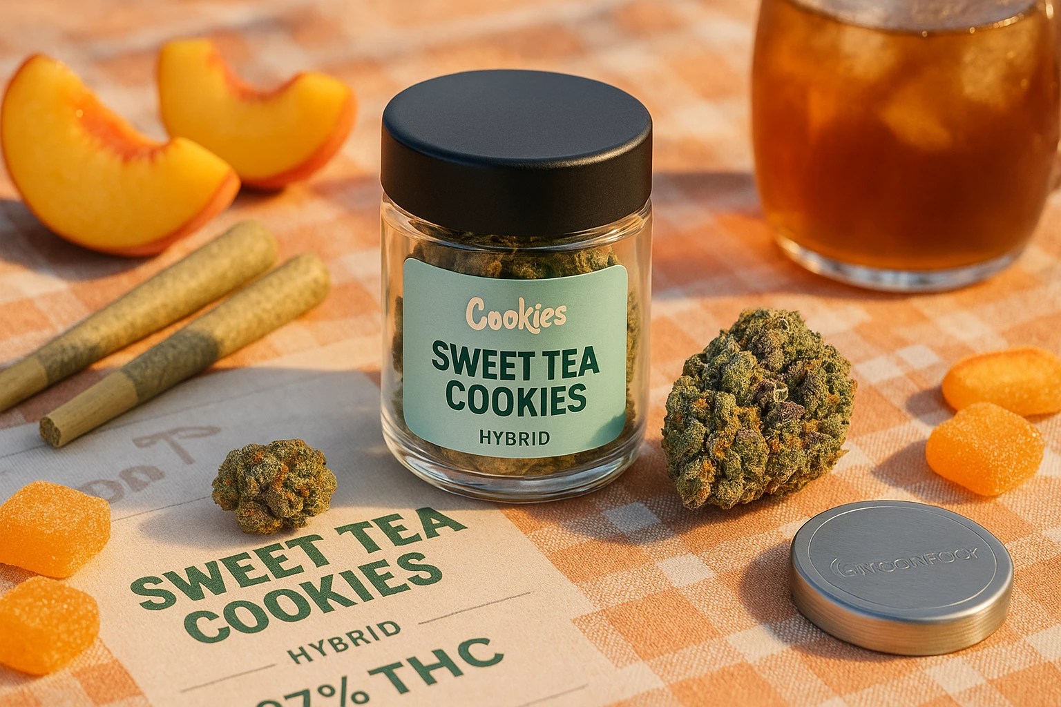 Hand holding child-resistant Moonrock jar against blurred laptop showing order confirmation screen, shipping box visible. Logo embossed on jar base.