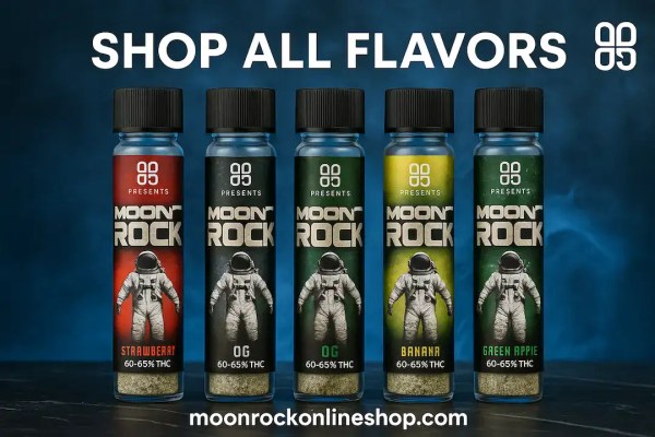 Shop all Moonrock Ice preroll flavors — premium THC prerolls lineup in Strawberry, OG, Banana, and Green Apple from Moonrock Online Shop