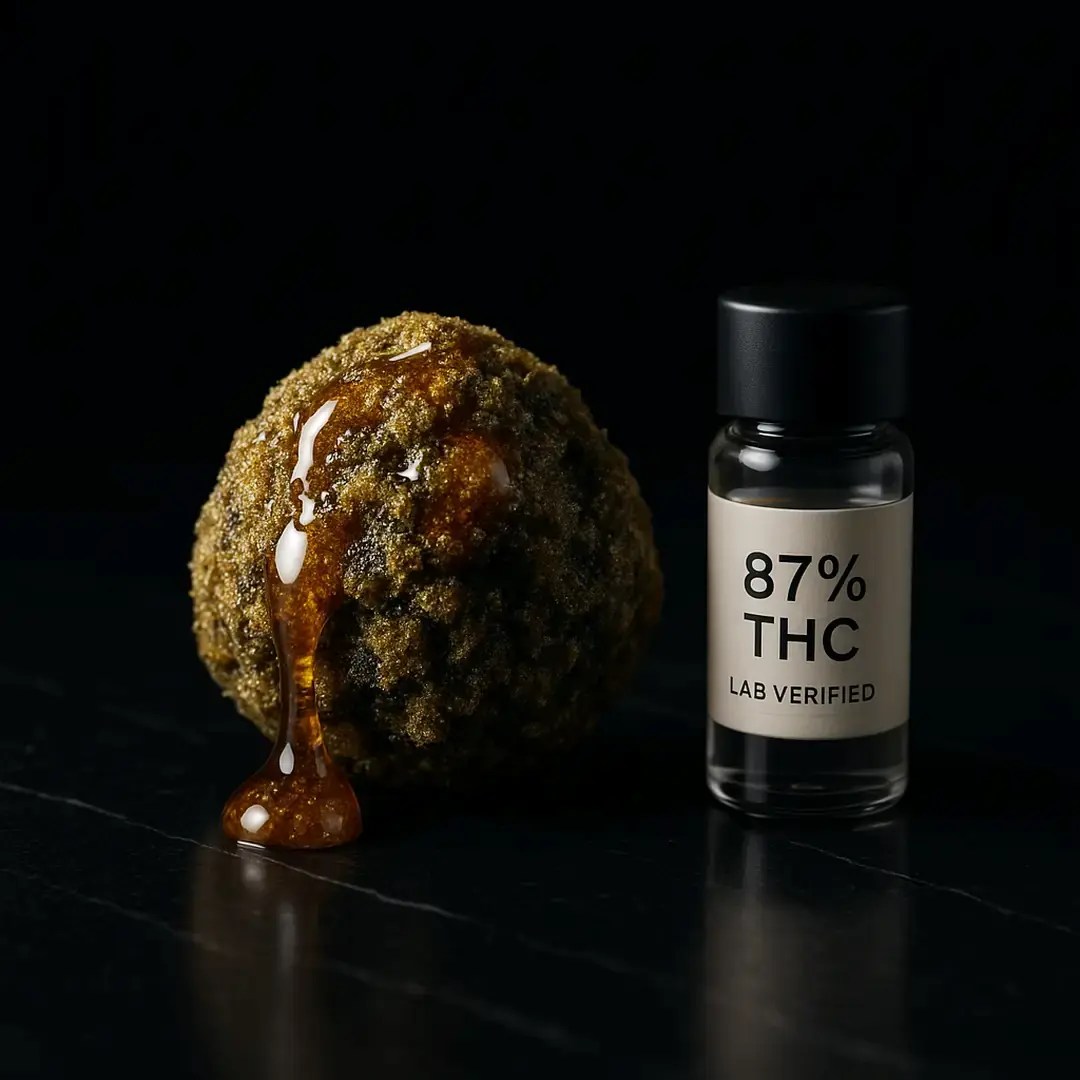 Buy Moonrock Online Now – 3D closeup of cannabis nug coated in amber THC oil and frosty kief with 87% THC lab vial on black marble