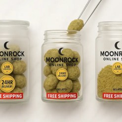 Buy Moonrock Online Now: Gelato strain moonrocks in frosted and clear glass jars, showing fresh nug, open view with tweezers, and raw kief.