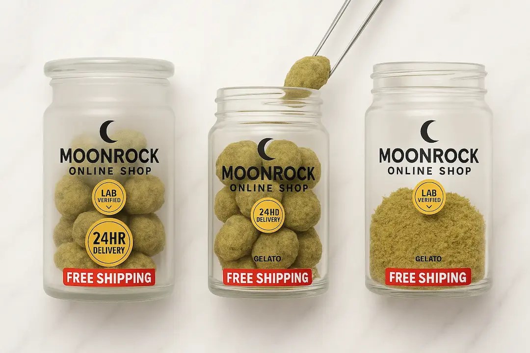 Buy Moonrock Online Now: Gelato strain moonrocks in frosted and clear glass jars, showing fresh nug, open view with tweezers, and raw kief.