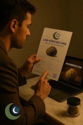 Buy Moonrock Online Now – Man verifying Certificate of Analysis (COA) for lab-tested moonrock cannabis on laptop