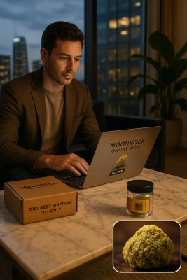 Buy Moonrock Online Now – Lifestyle image of a professional shopping Moonrock Online Shop with discreet shipping and lab-tested cannabis product on table