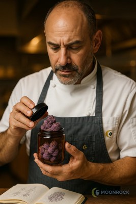 Celebrity chef holding Premium Grenadine Cookies Strain jar - Moonrock Online Shop