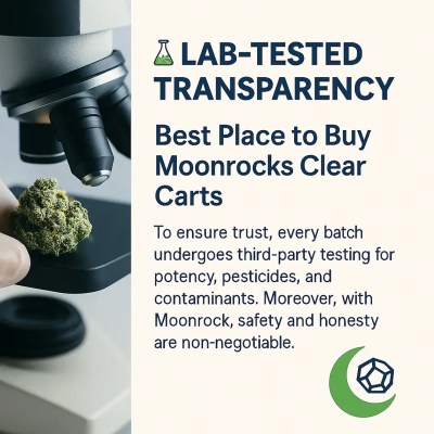 Lab-tested Moonrocks Clear Cart vape cartridge under microscope - tropical flavor THC oil visible in transparent tank with terpene diamonds, safety verified at MoonrockOnlineShop