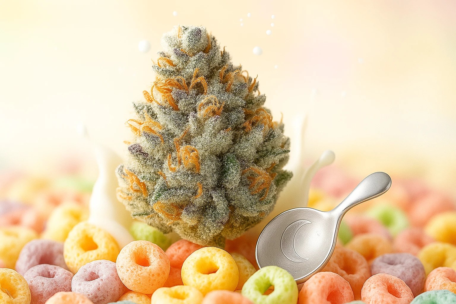 Berner Cereal Milk Cookies frosted cannabis buds on cereal background - Moonrock Online Shop