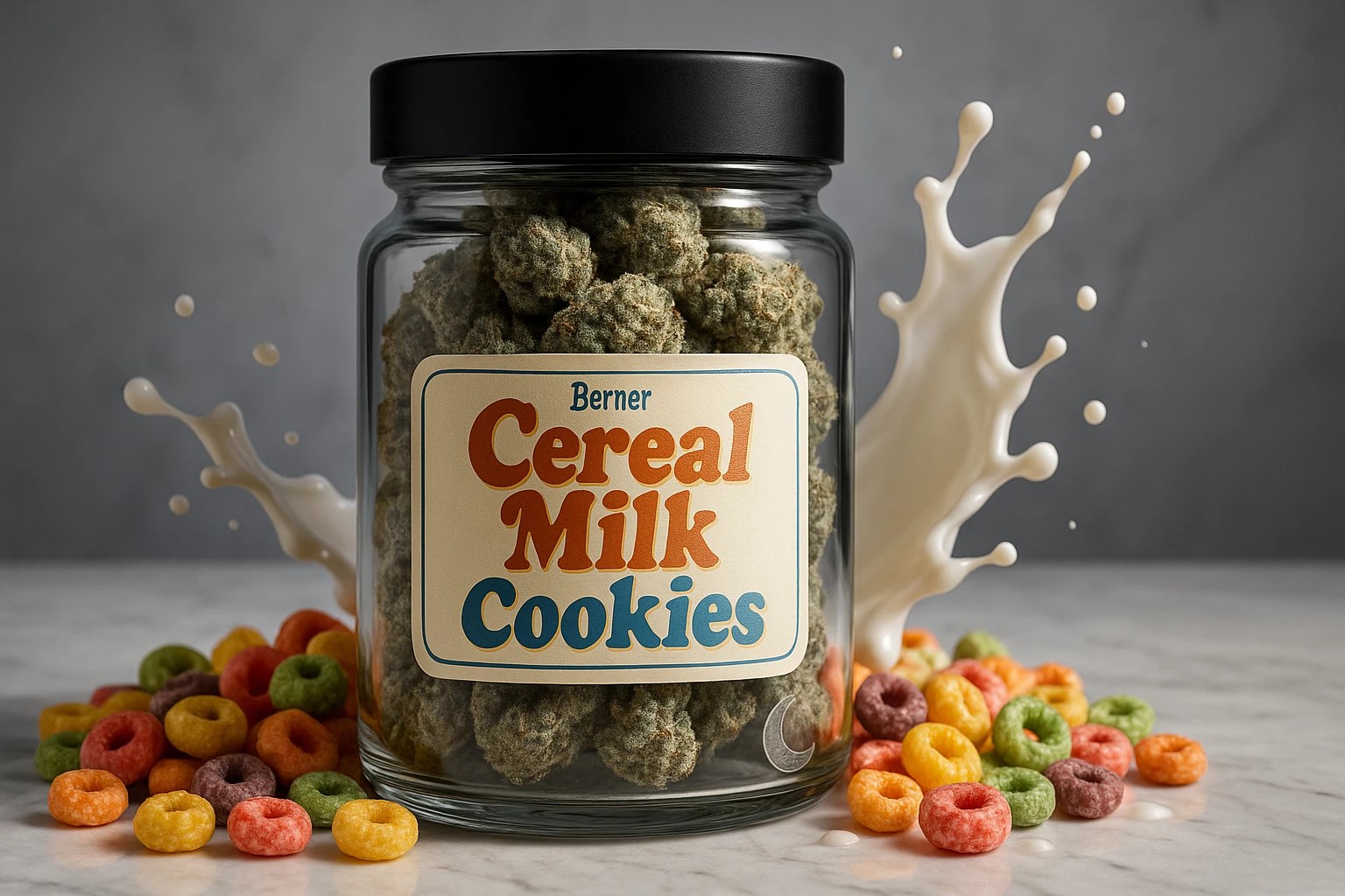 Glass jar of Berner Cereal Milk Cookies cannabis strain - Moonrock Online Shop