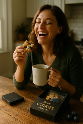 Woman enjoying Berry Flavored Cannabis Cookies with coffee - Moonrock Edibles