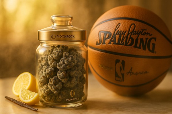 Lab technician examining Gary Payton Cookies Strain trichomes under light with Moonrock logo on lab coat