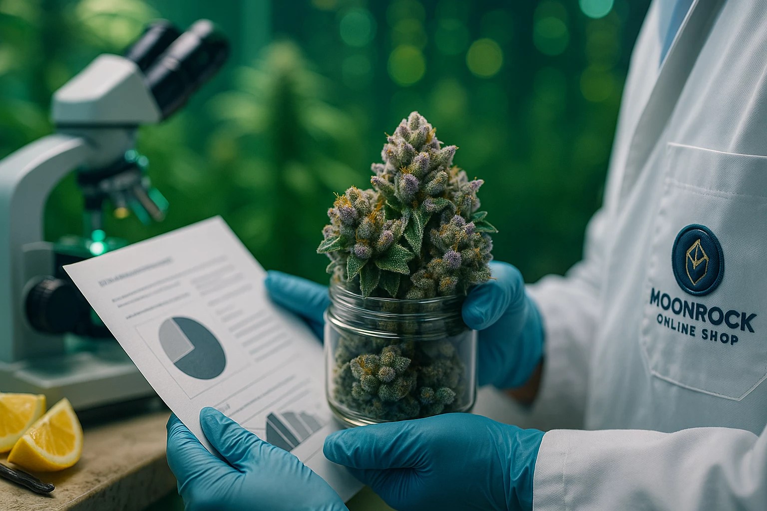Lab technician examining Gary Payton Cookies Strain trichomes under light with Moonrock logo on lab coat