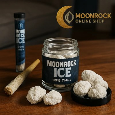 Moonrock Ice 99% THCA ice-white nugs displayed in an open jar with a pre-roll and branded blunt tube on a wooden table, featuring the Moonrock Online Shop gold logo.