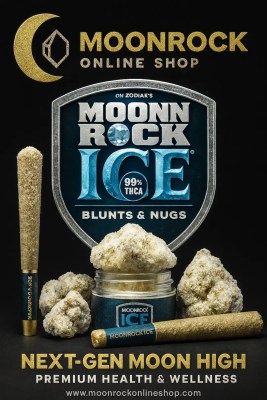 “Moonrock Ice 99% THCA blunts and nugs displayed with gold Moonrock Online Shop logo and premium shield badge
