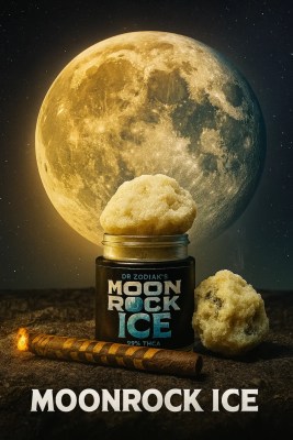 Moonrock Ice 99% THCA jar with frosty moonrock nug and blunt displayed in front of a glowing full moon.