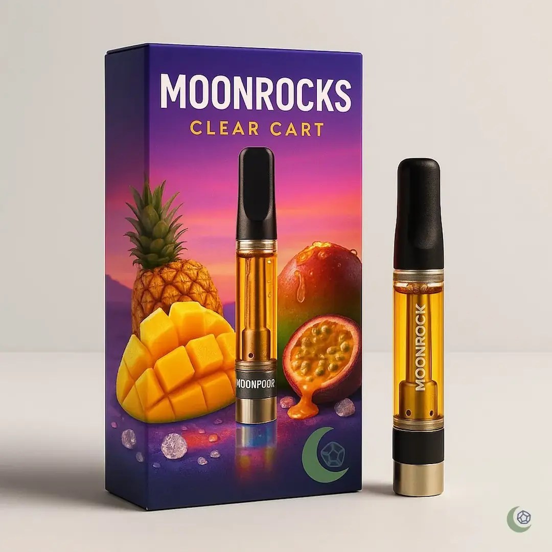 Tropical Moonrocks Clear Cart box and vape cartridge with glowing oil — premium THC product photo for buyers looking to buy Moonrock Clear Carts online