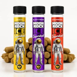 Moonrock Ice Superkool preroll tubes in Peach, Black Cherry, and Strawberry flavors with Backwoods cigar wraps on a white background — premium THC product photo by Moonrock Online Shop