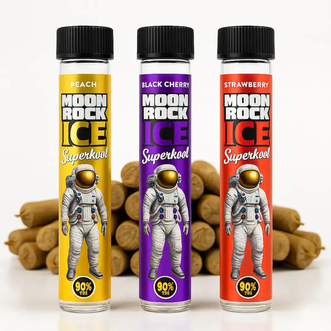 Moonrock Ice Superkool preroll tubes in Peach, Black Cherry, and Strawberry flavors with Backwoods cigar wraps on a white background — premium THC product photo by Moonrock Online Shop