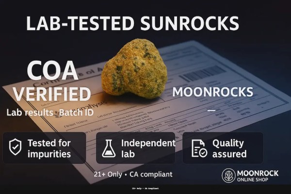 Lab-tested Sunrocks cannabis nug with COA verification, California compliance, and Moonrock Online Shop branding. Premium cannabis product verified by independent lab