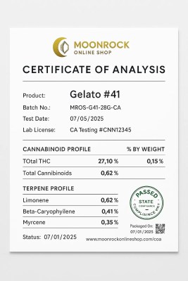 Certificate of Analysis for Gelato #41 strain cannabis flower showing THC 27.10%, CBD 0.15%, terpene profile, batch number, test date, and PASSED compliance seal by Moonrock Online Shop.