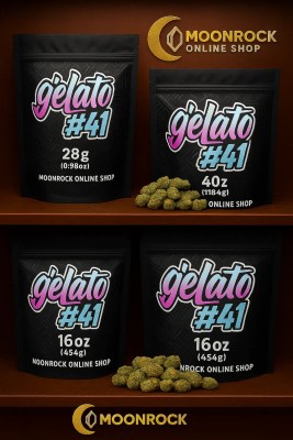Gelato #41 strain cannabis packaging on a Moonrock Online Shop shelf showing 28g, 4oz, and 16oz bags with gold Moonrock Online Shop logo below.