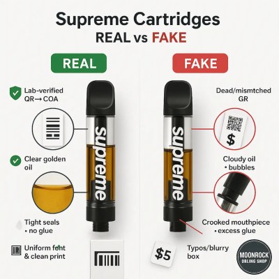 Side-by-side infographic comparing a genuine Supreme vape cartridge (left, green) vs a fake (right, red). Real shows lab-verified QR→COA, clear golden oil, tight seals, clean print. Fake shows dead/mismatched QR, cloudy oil with bubbles, crooked mouthpiece with excess glue, and blurry/typo packaging.