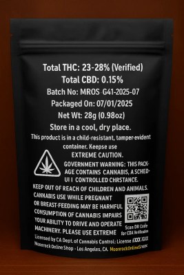Back of Gelato #41 strain cannabis packaging showing 23–28% THC verified, 0.15% CBD, California government warning, QR code, and Moonrock Online Shop branding.