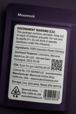 Back label close-up of Zkittlez—CA government warning, Prop 65, terpenes, batch/lot ZK-L23, harvest and packaged dates, license, COA QR, barcode.