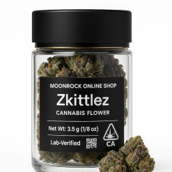 Zkittlez cannabis flower in a clear jar with matte black lid, front label showing Net Wt 3.5 g and CA THC symbol, with two frosty buds displayed on pure white — Moonrock Online Shop.
