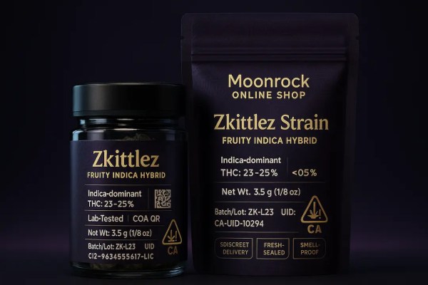 Zkittlez strain jar and mylar bag with CA THC symbol, 23–25% THC, COA QR, and tamper seal — Moonrock Online Shop