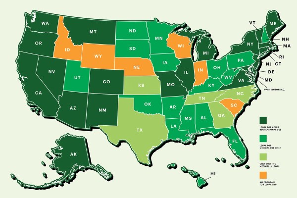 Map highlighting 2024 legal cannabis zones in Los Angeles, San Diego, and Denver. Green markers show licensed dispensary areas.