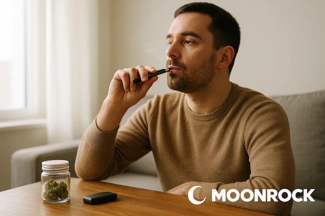Man vaping cannabis with a clean modern vape pen as a smoother alternative to smoking, Moonrock Online Shop branding