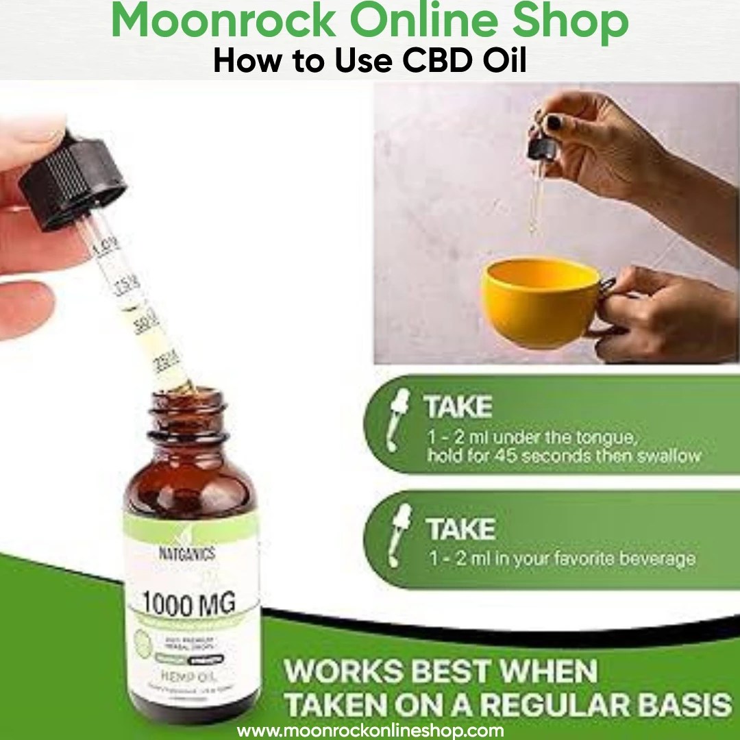 llustrated guide showing steps to measure and administer CBD oil under the tongue.