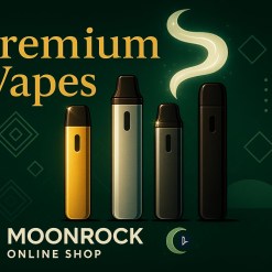 Premium disposable vapes in gold, silver and black with vapor swirls on dark green background