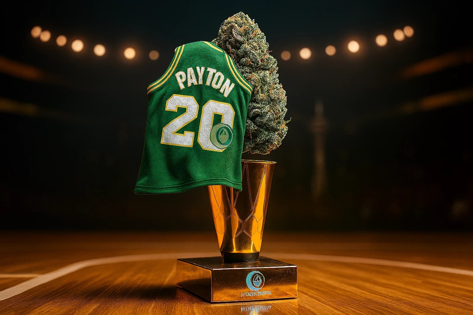 Gary Payton #20 jersey draped on frosty cannabis bud atop NBA trophy - buy Gary Payton Cookies strain