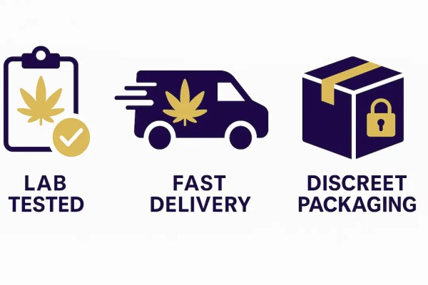 Lab tested cannabis, fast delivery, and discreet packaging icons – Moonrock Online Shop Los Angeles