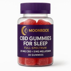 “Lifestyle photo of Moonrock CBD Sleep Gummies jar on bedside table with lamp, book, chamomile tea, and mixed berry gummies in dish, evening relaxation setting