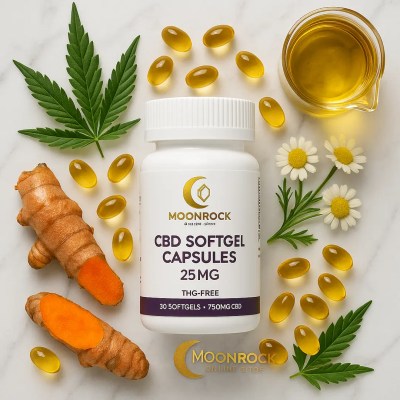 Flat-lay photo of Moonrock CBD Softgel Capsules 25mg bottle on marble background with hemp leaves, turmeric root, chamomile flowers, and glass beaker of golden oil, surrounded by softgels