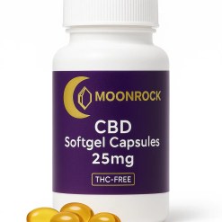 Front-facing product photo of Moonrock CBD Softgel Capsules 25mg bottle with golden softgels at the base, isolated on pure white background, THC-Free label visible