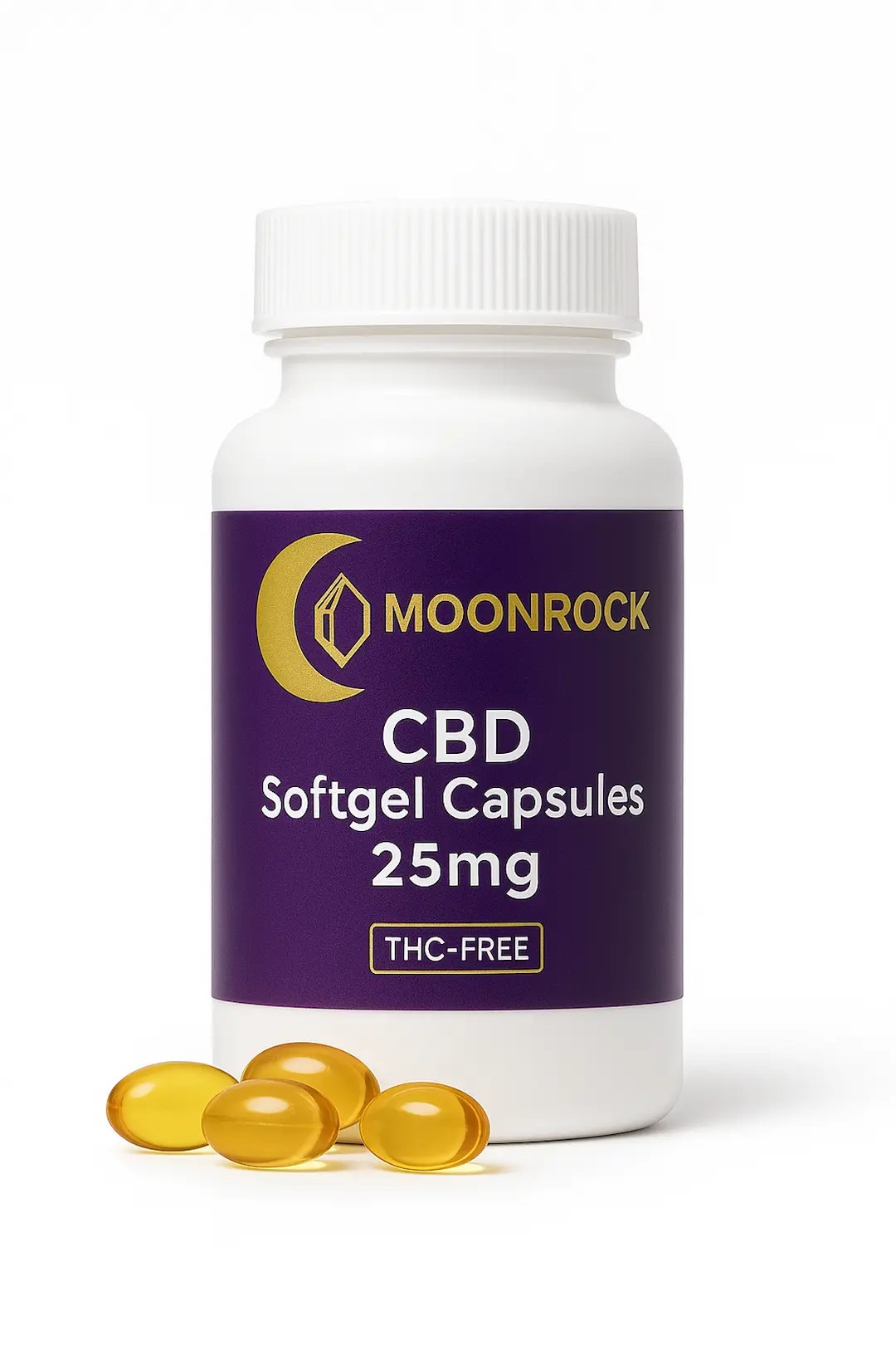 Front-facing product photo of Moonrock CBD Softgel Capsules 25mg bottle with golden softgels at the base, isolated on pure white background, THC-Free label visible