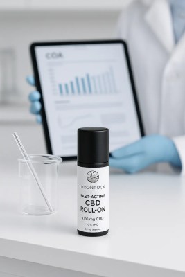 CBD roll-on bottle in laboratory scene beside lab glassware; background technician displays Certificate of Analysis.