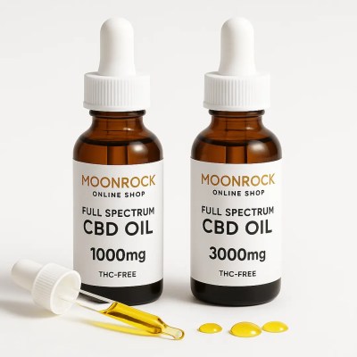 Moonrock Full Spectrum CBD Oil bottles 1000mg and 3000mg with dropper and golden oil on pure white background – THC-free, lab-tested, California