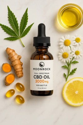 Flat-lay photo of Moonrock Full Spectrum CBD Oil bottle with hemp leaves, chamomile, turmeric, citrus, black pepper, and golden oil drops on marble background