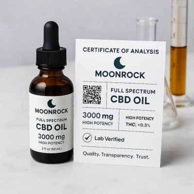 Moonrock Full Spectrum CBD Oil bottle with visible QR code beside Certificate of Analysis and lab glassware – clinical trust photo