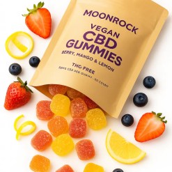 Moonrock Vegan CBD Gummies 25mg per gummy, 30 count pouch with natural fruit chews and lab-tested hemp oil in background