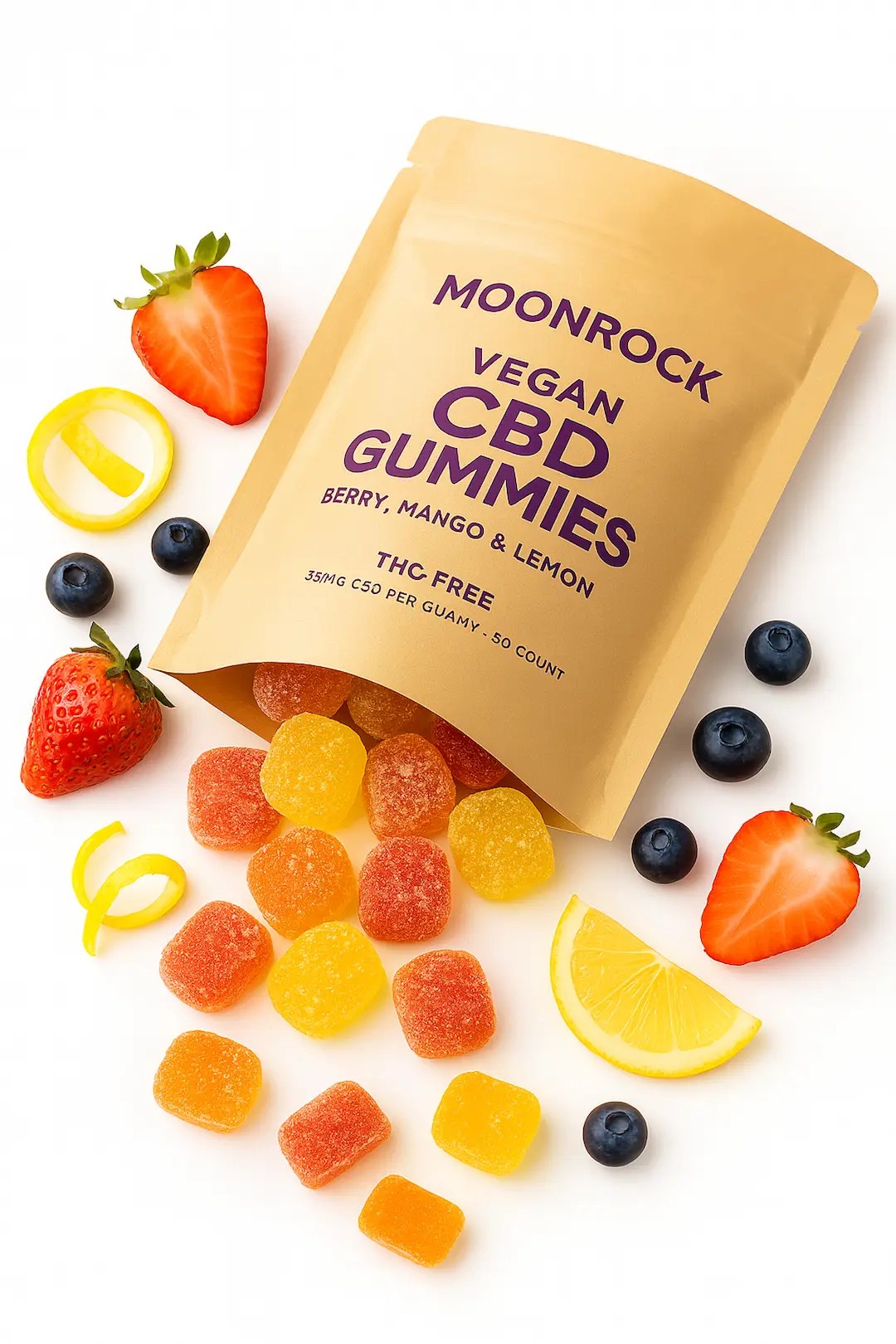 Moonrock Vegan CBD Gummies 25mg per gummy, 30 count pouch with natural fruit chews and lab-tested hemp oil in background