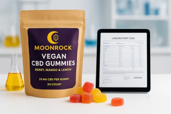 Moonrock Vegan CBD Gummies pouch on lab counter with Certificate of Analysis report, beakers of hemp oil, and lab equipment