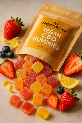 "Moonrock Vegan CBD Gummies spilling from eco-friendly pouch on marble surface with fresh strawberries, lemon zest, and blueberries – premium flat lay product photo"