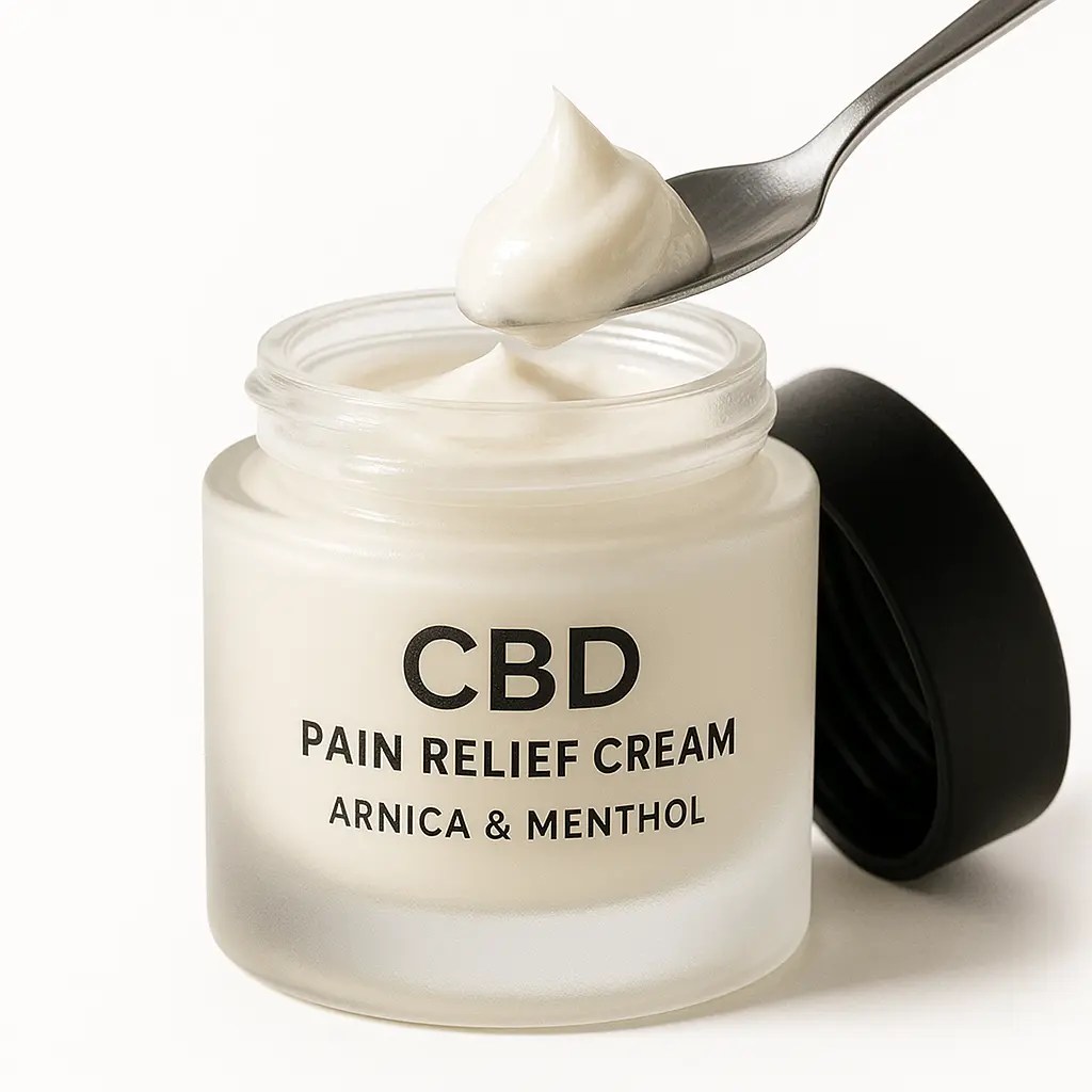 CBD pain relief cream with arnica and menthol in frosted glass jar, square thumbnail on white background